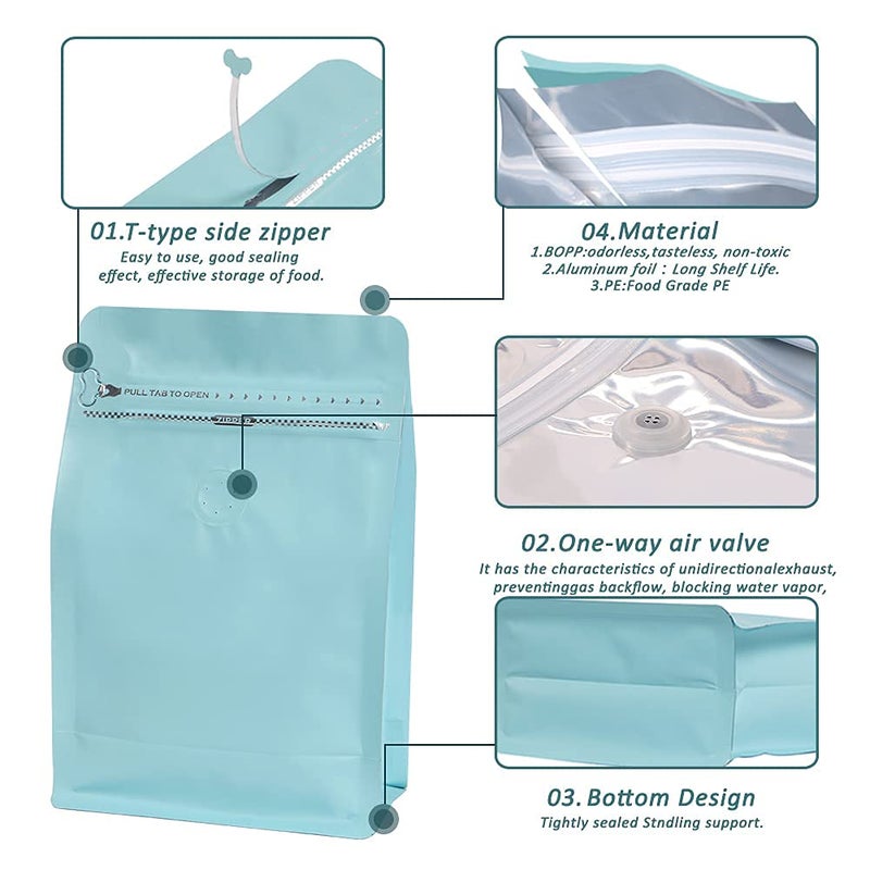 REMTAP Coffee Bags with Valve(100pcs,16oz) Tiffany Blue High Barrier Aluminumed Foil Flat Bottom Standing Coffee Beans Storage Bags,Reusable Heat Sealable Side Zipper Pouches for Home or Store - Image 3